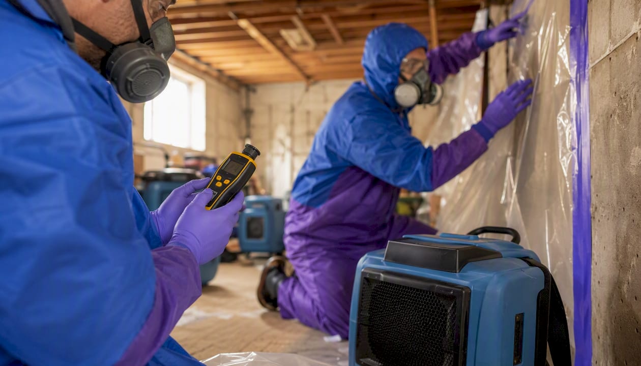 Technicians setting up mold remediation equipment