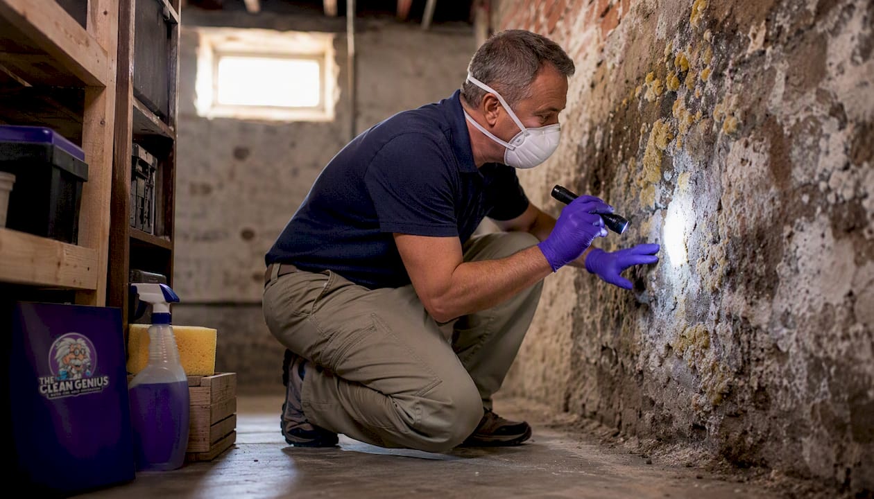 Homeowner inspecting moldy cellar wall