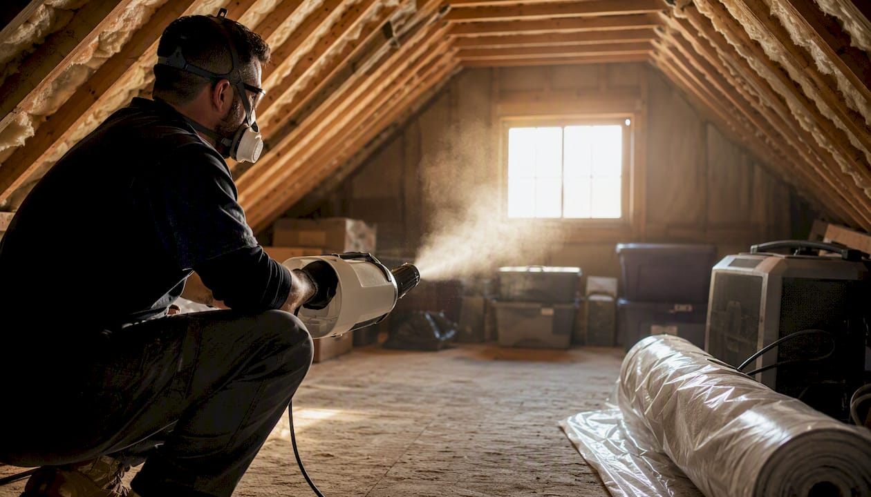 ULV cold fogger spraying dry fog mist in basement corner