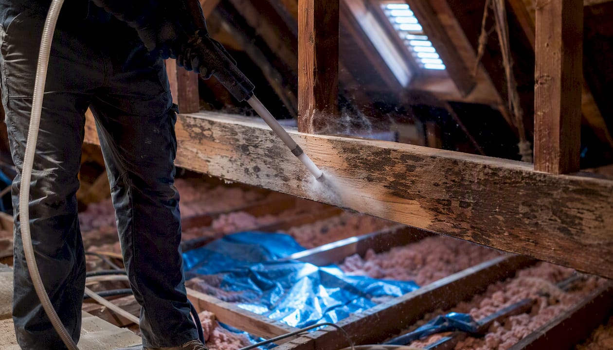 Dry-ice blasting nozzle cleaning mold from attic wood beam