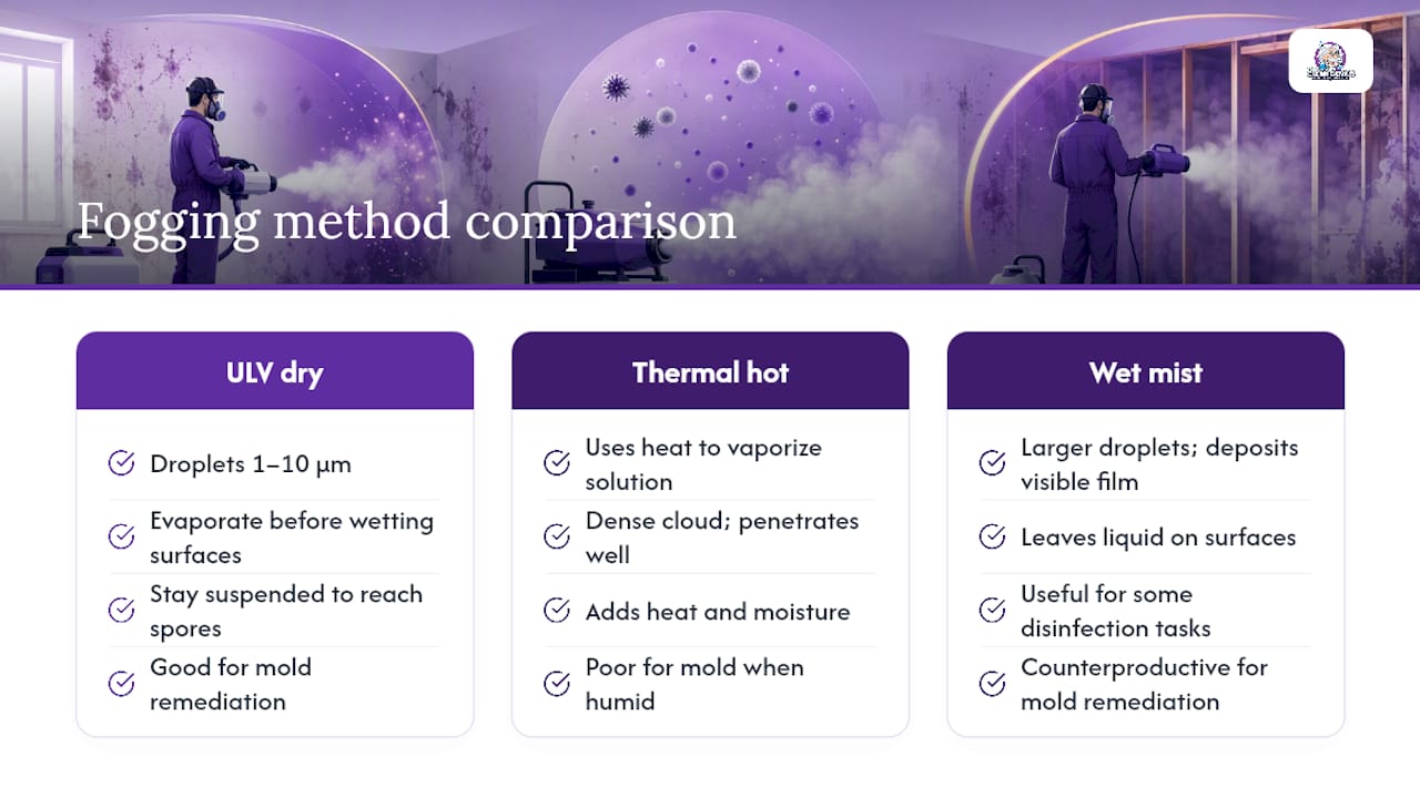 Diagram comparing dry fog, thermal fog, and wet mist methods