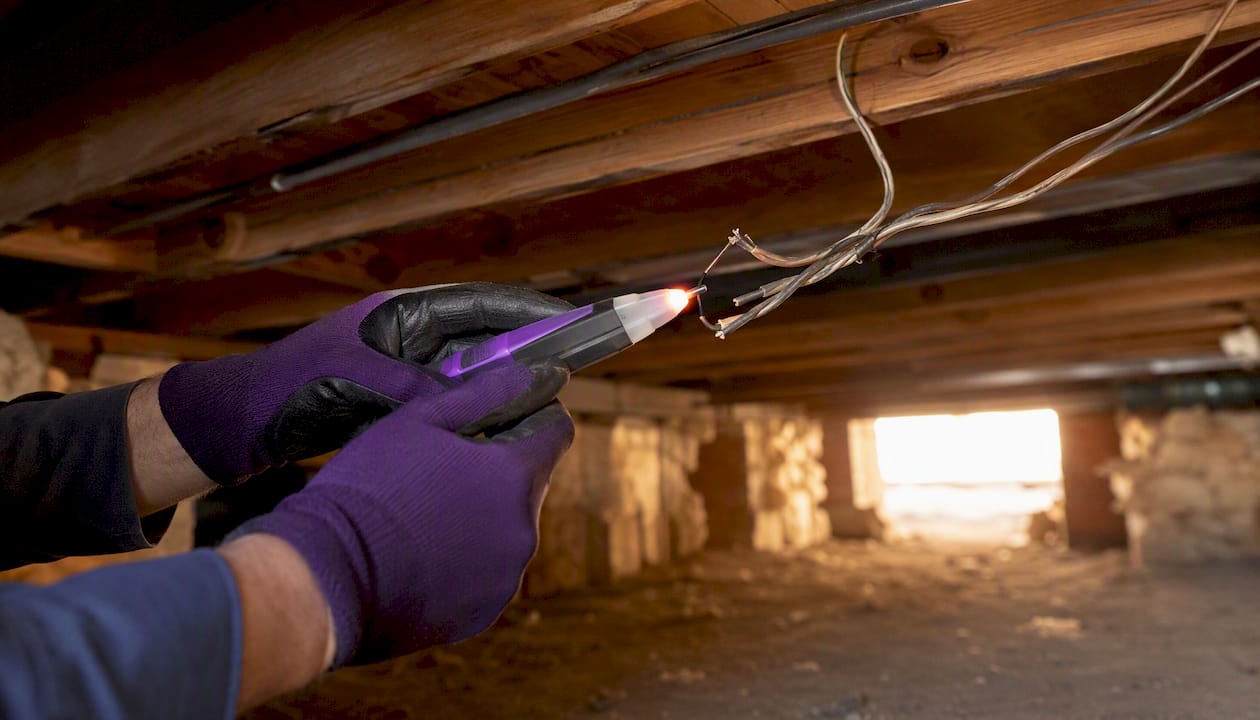 Hands testing crawl space wiring safety