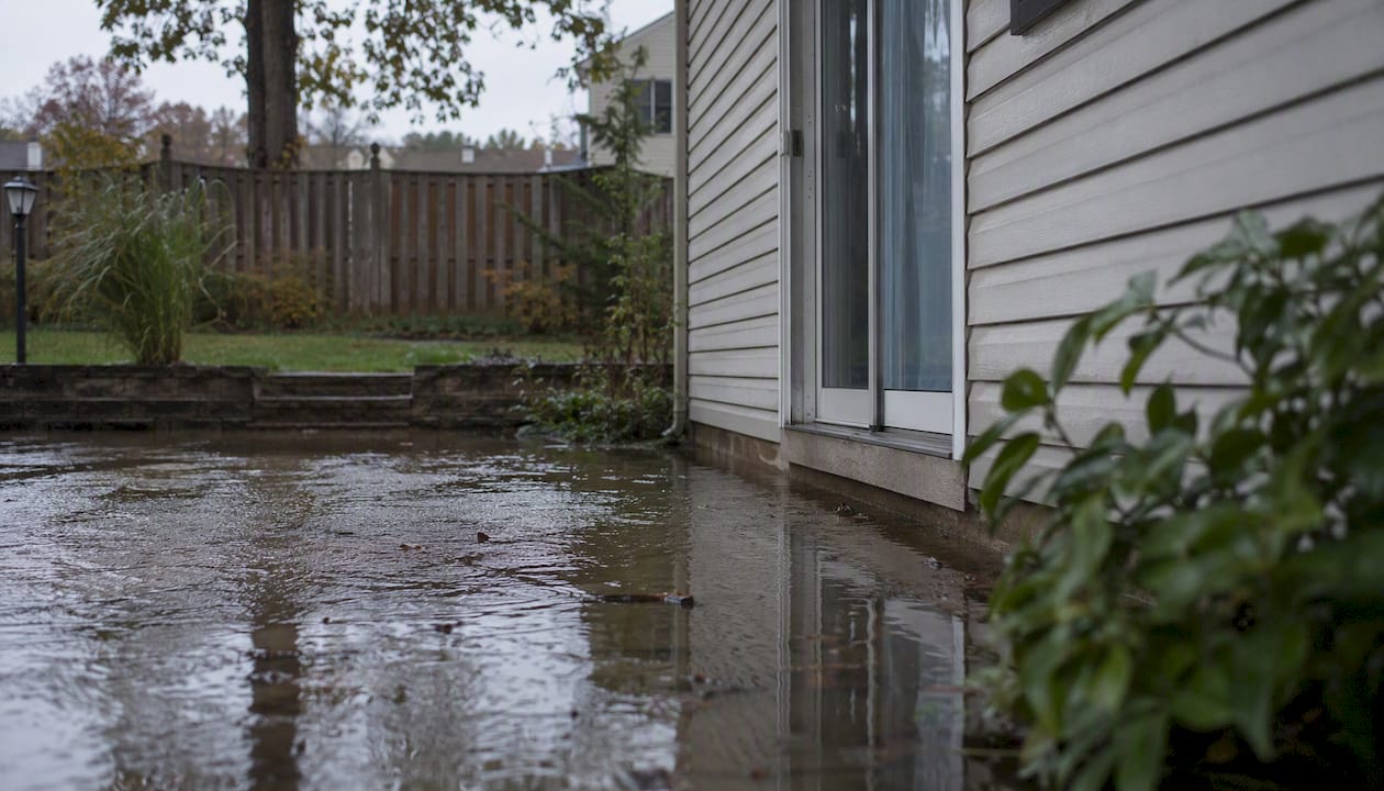 Suburban house partially flooded exterior