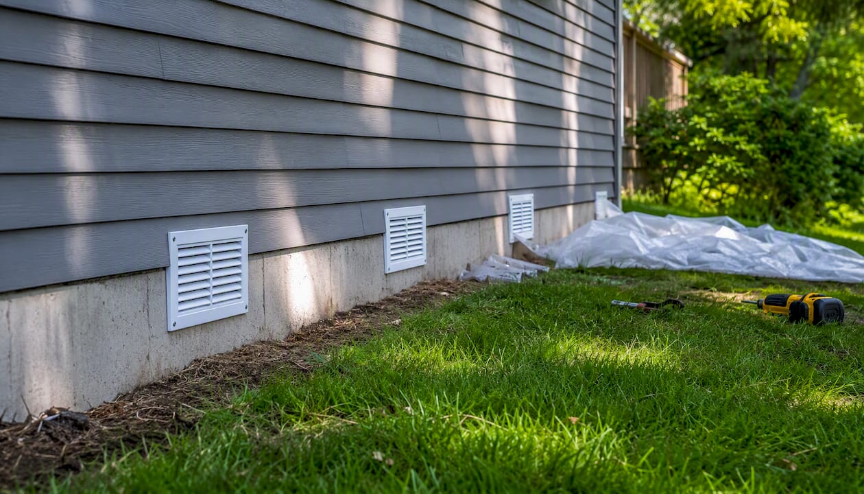 Close-up of installed flood vents on home foundation