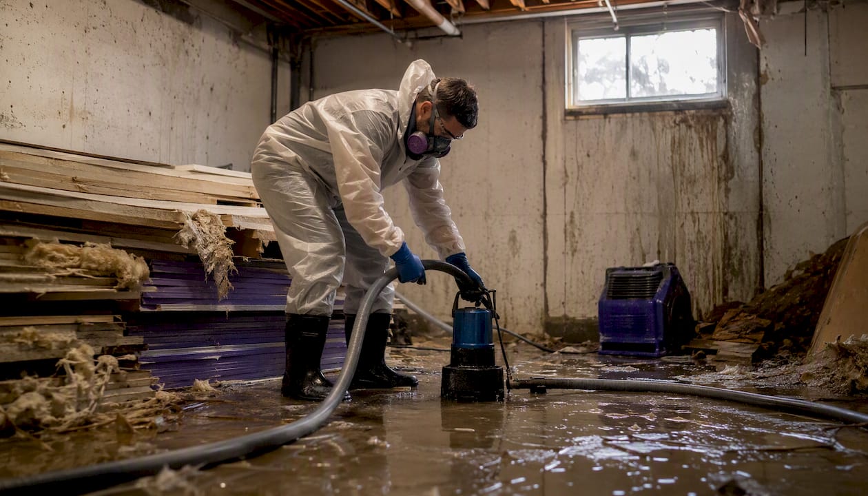 Technician extracting sewage backup water in basement
