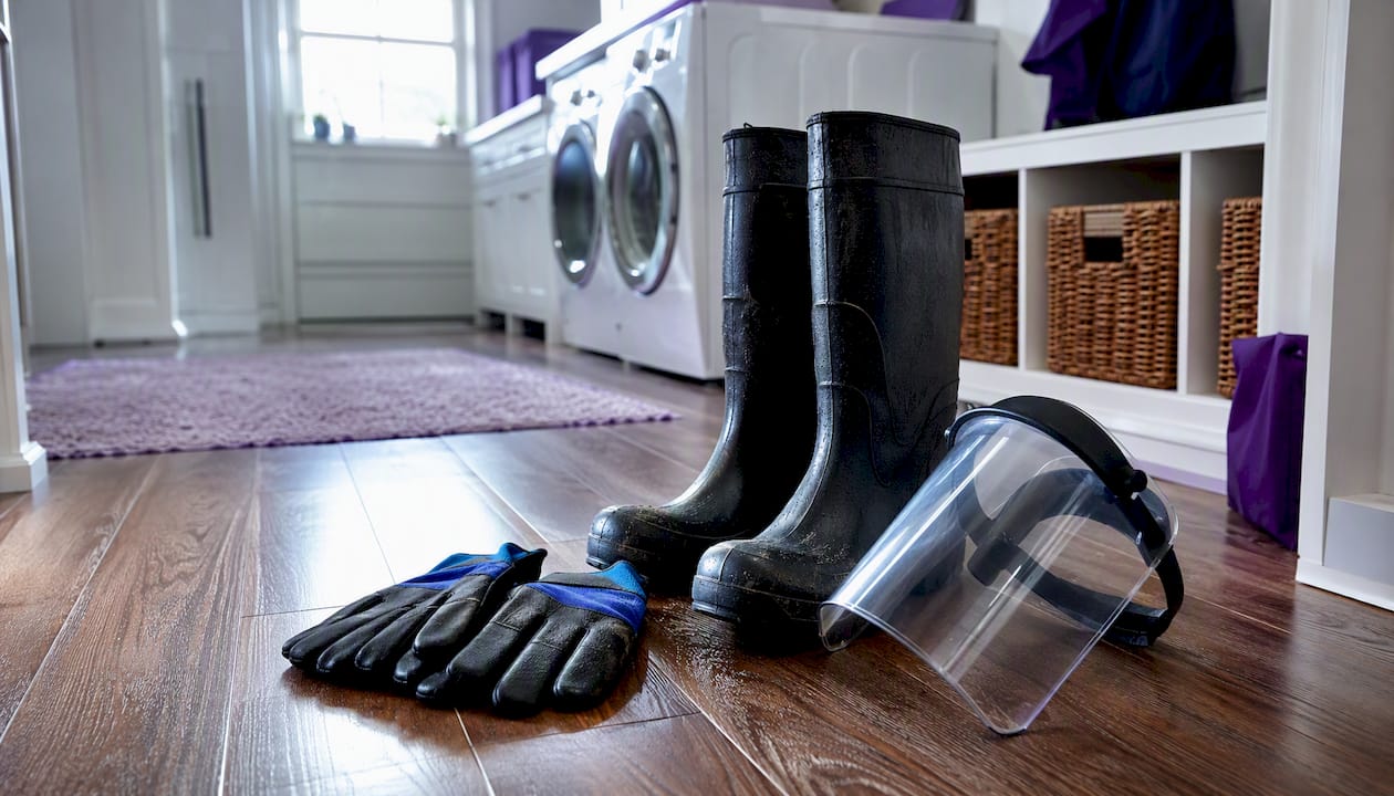 Sewage cleanup protective gear set laid out