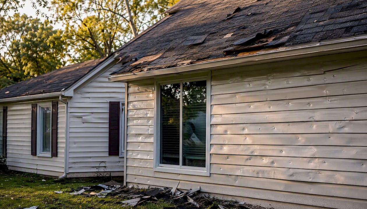 Roof and siding storm damage close-up
