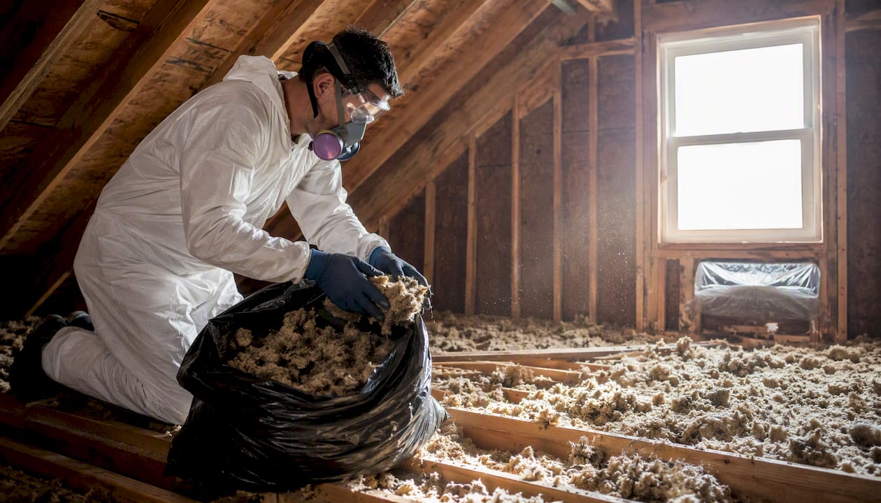 Person removing attic insulation safely with PPE