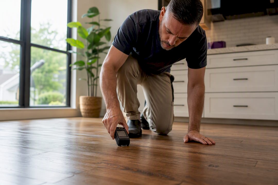 Moisture meter on residential floor for water damage