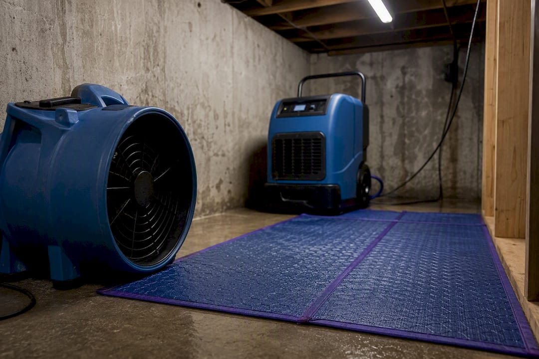 Basement with subfloor drying equipment in use