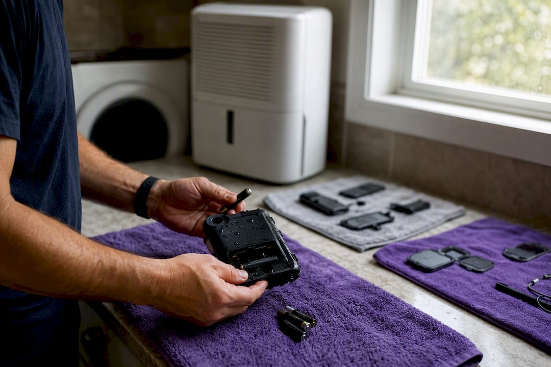 Hands removing batteries from wet electronics