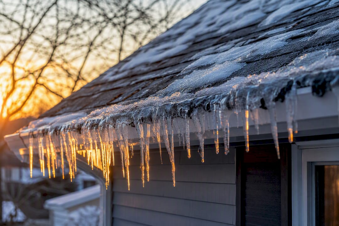 Residential roof edge with visible ice dam icicles