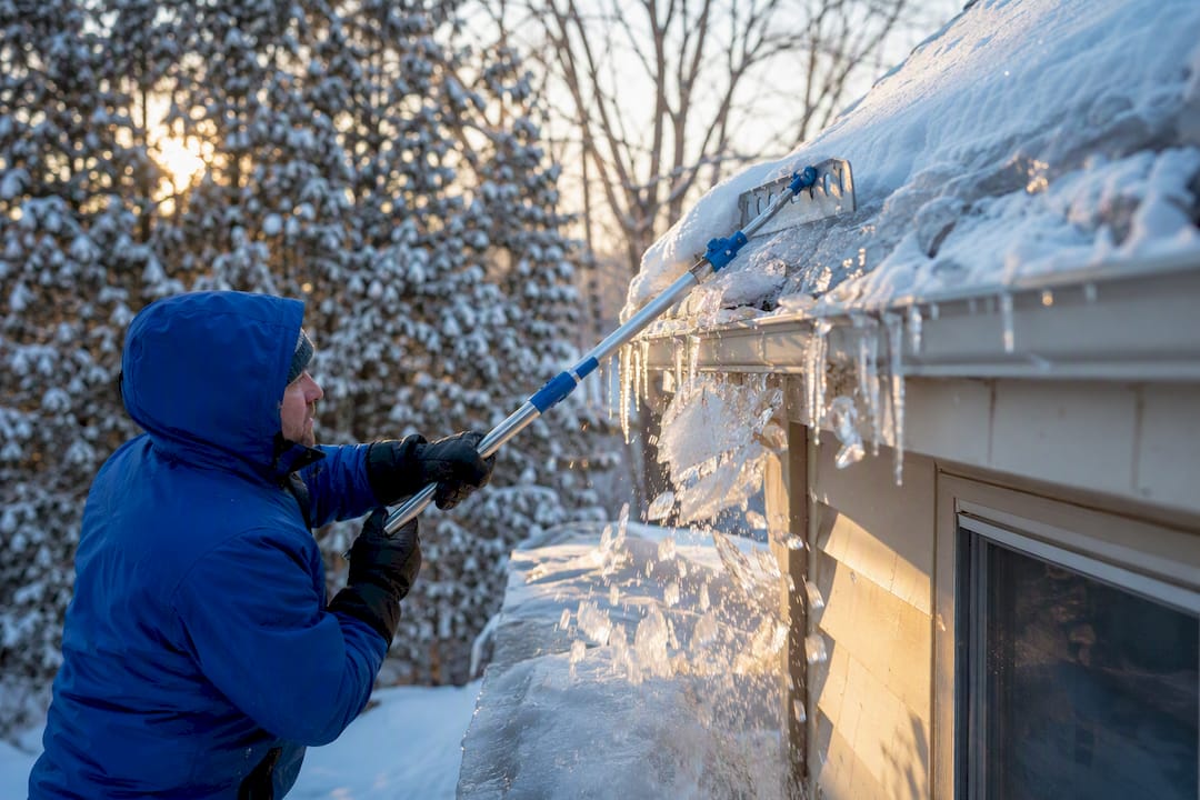 Technician raking ice dam from roof edge