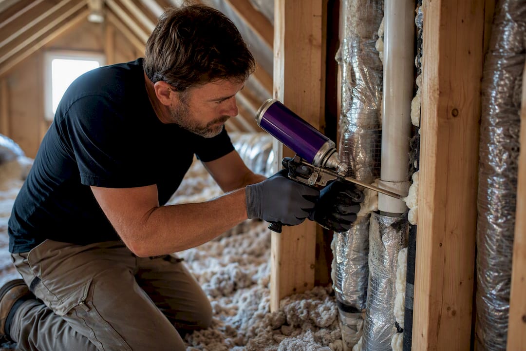 Hands sealing air leaks in attic