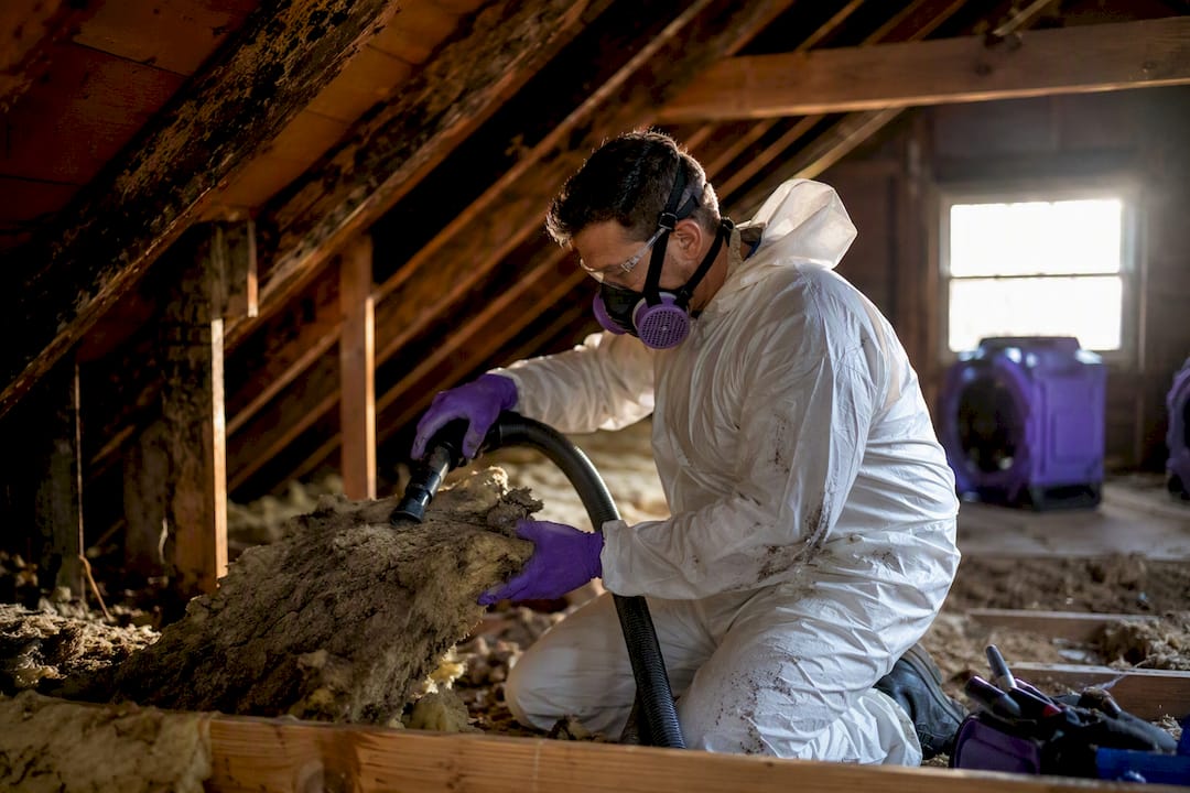Hands removing moldy attic insulation