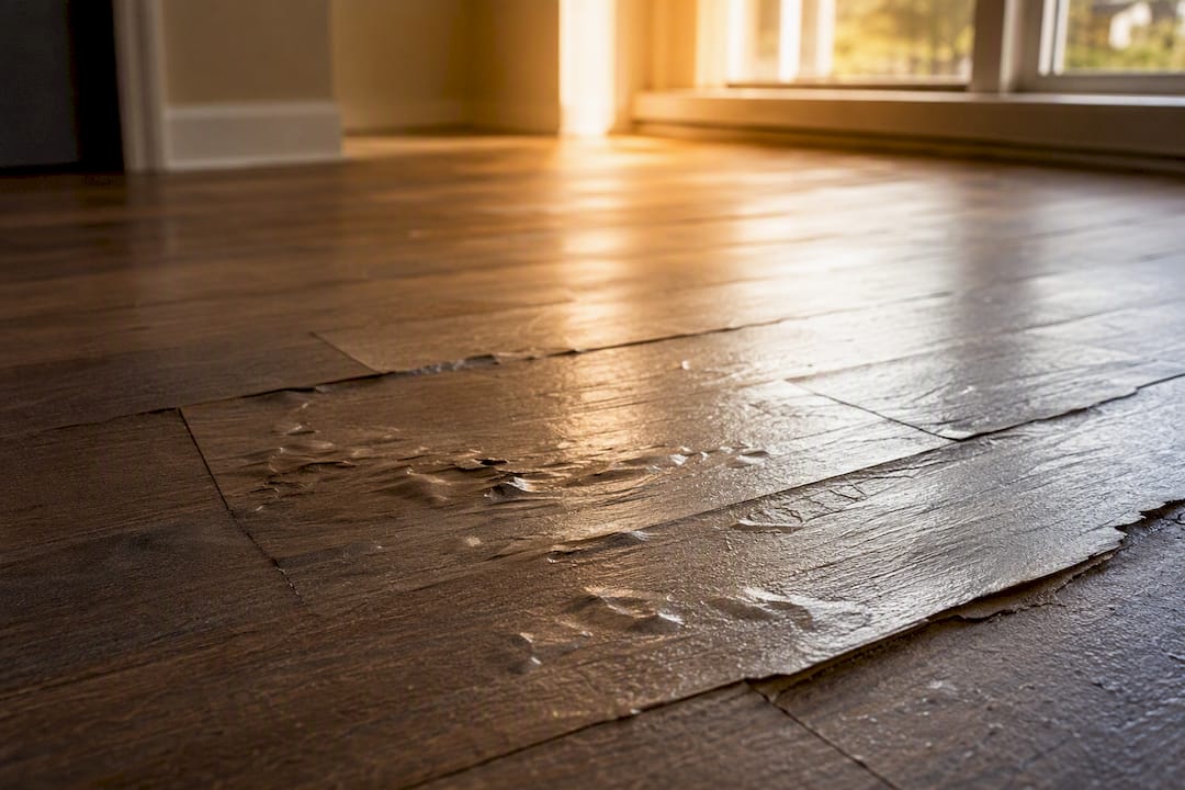 Close-up of bubbled and warped laminate floor