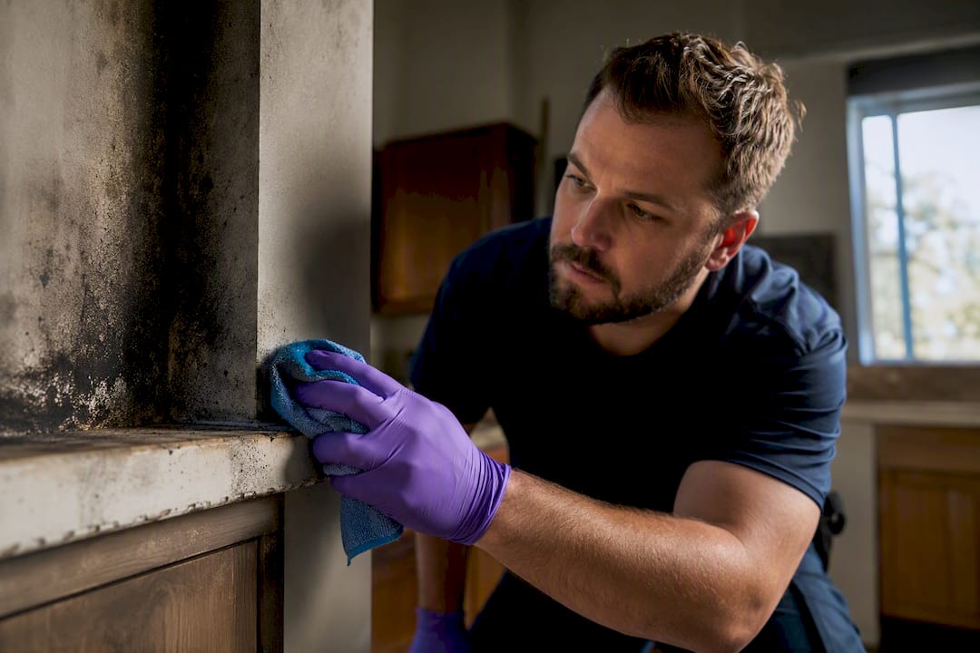 Technician cleaning soot from damaged home