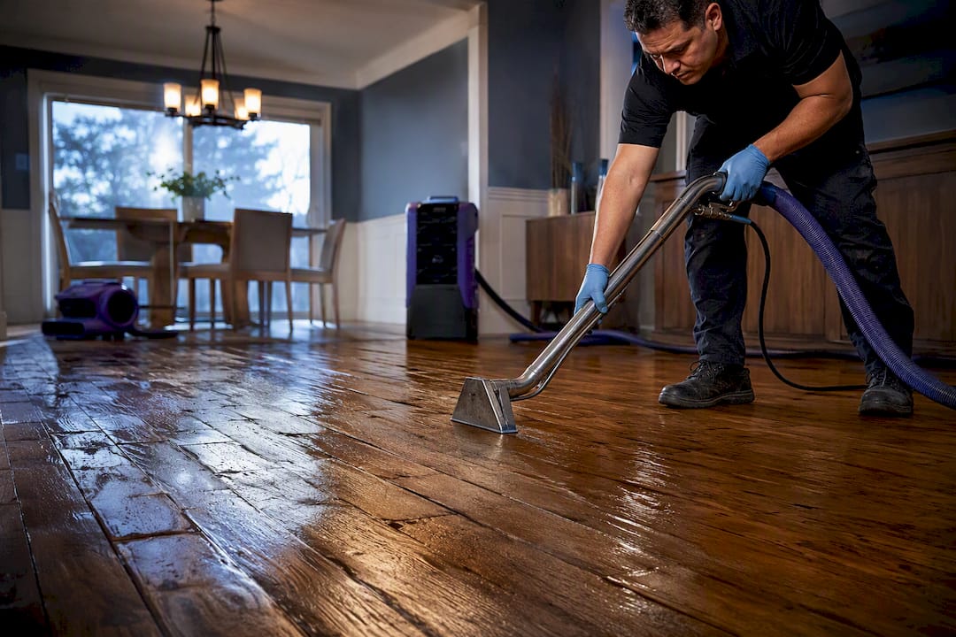 Technician extracting water from hardwood flooring