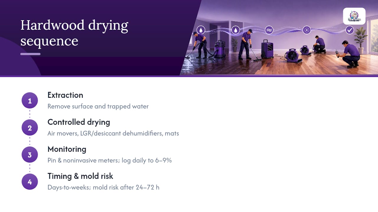 Professional hardwood floor drying sequence