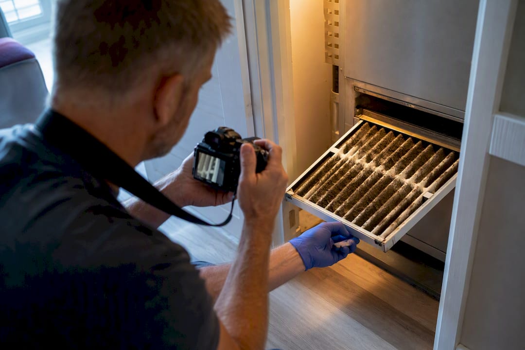 Homeowner documenting soot on HVAC filter