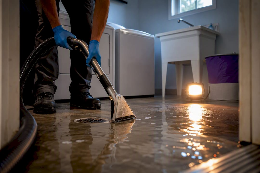 Technician extracting sewage water from laundry room