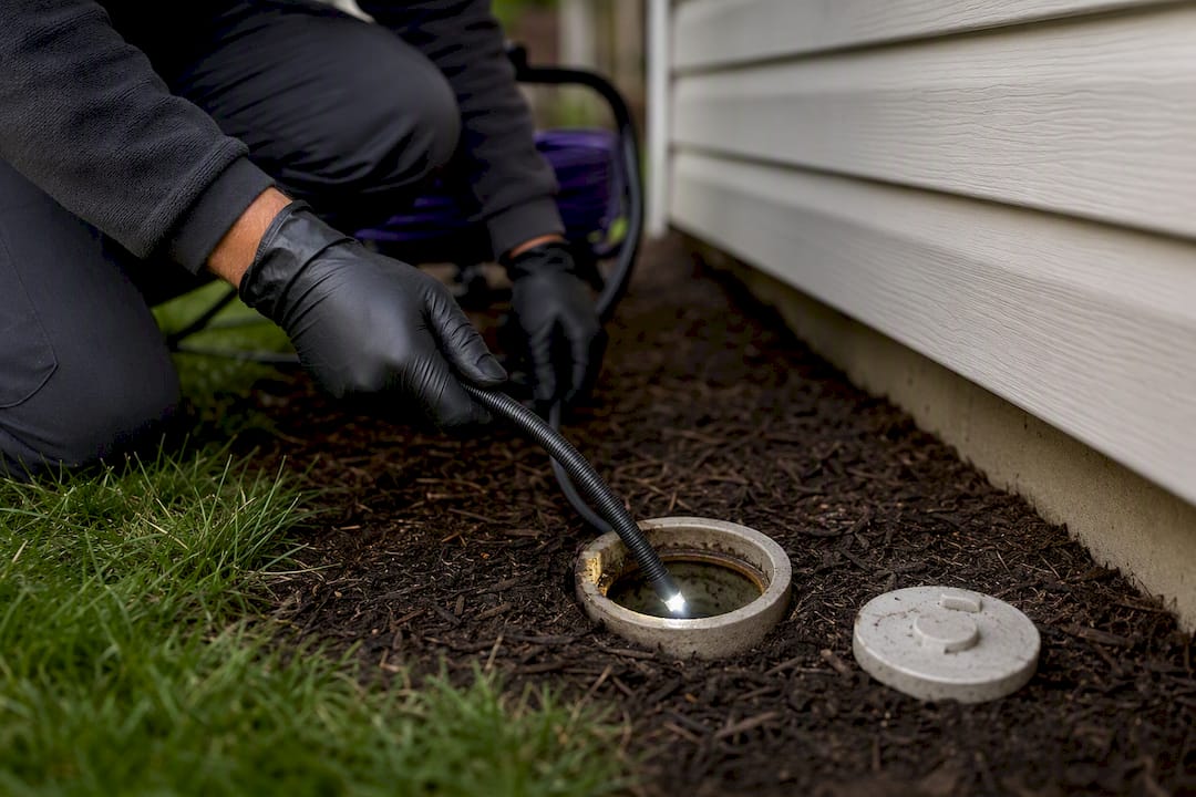 Technician guiding sewer camera into cleanout