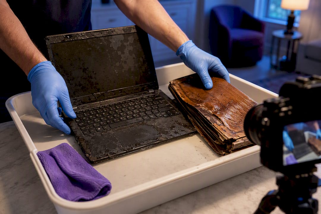 Water-damaged contents being assessed for insurance