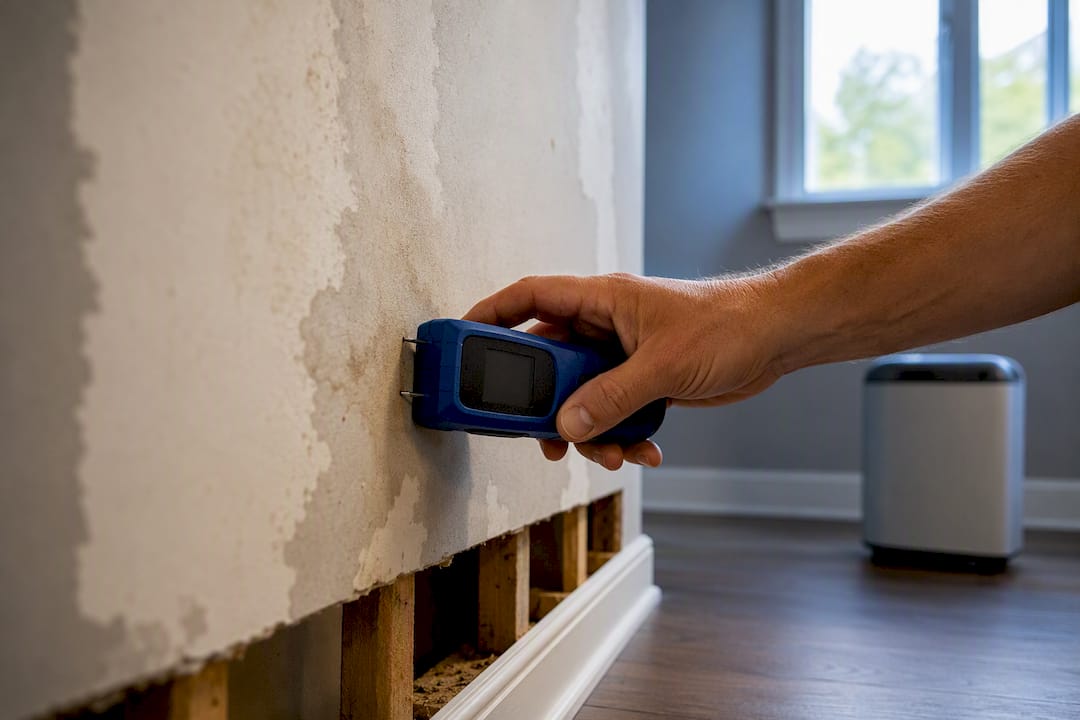 Moisture meter testing water-damaged drywall