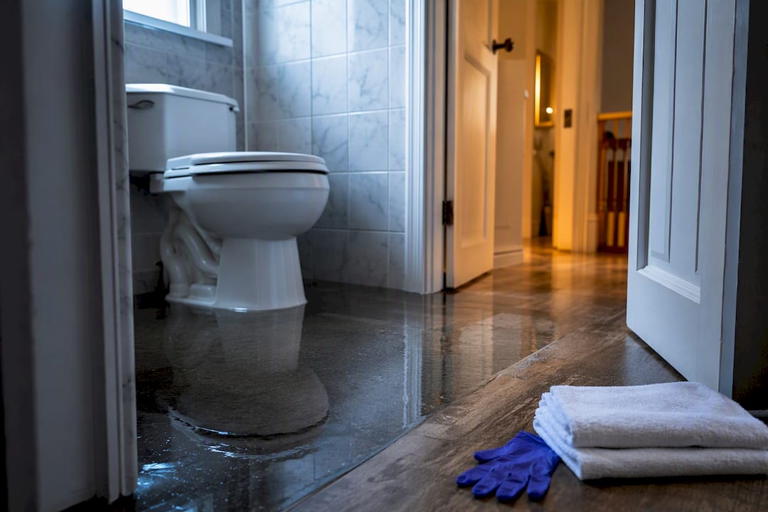 Bathroom floor after a toilet overflow