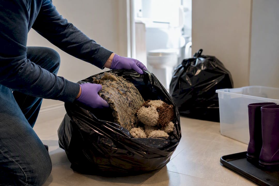 Contaminated porous items sealed in bags