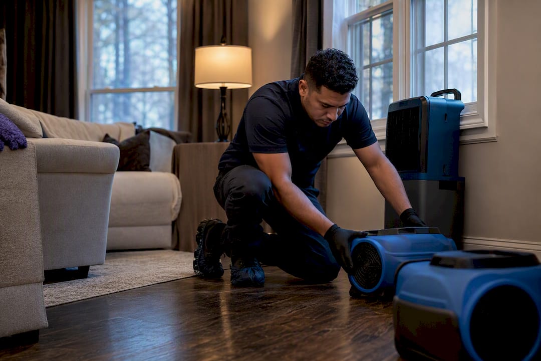 Restoration equipment drying a water-damaged living room
