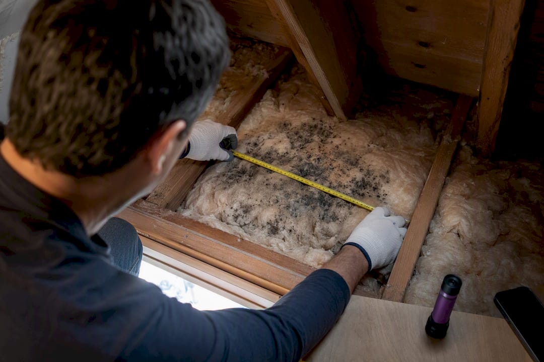 Homeowner measuring affected attic insulation