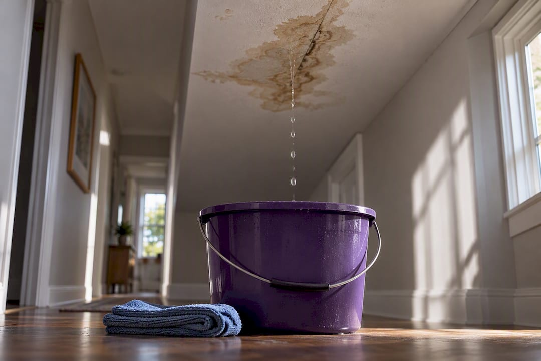 Active ceiling leak dripping into bucket
