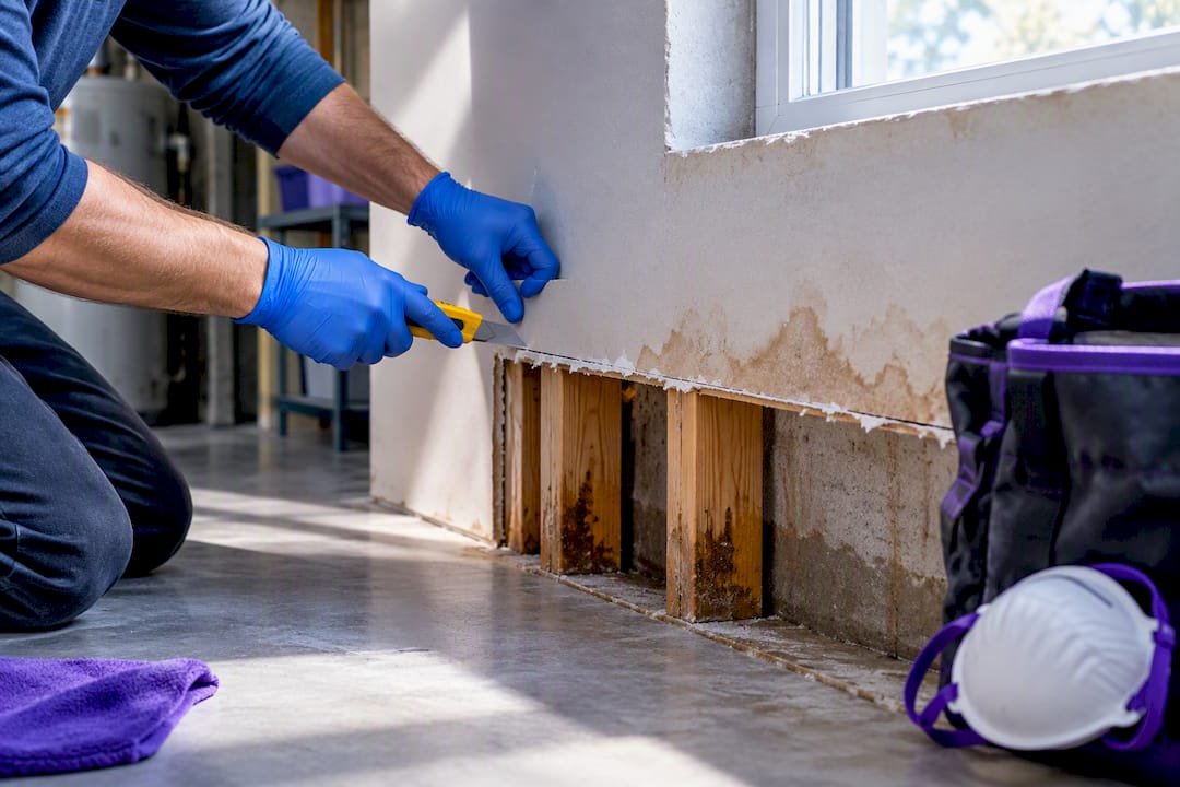 Gloved worker cutting water damaged drywall