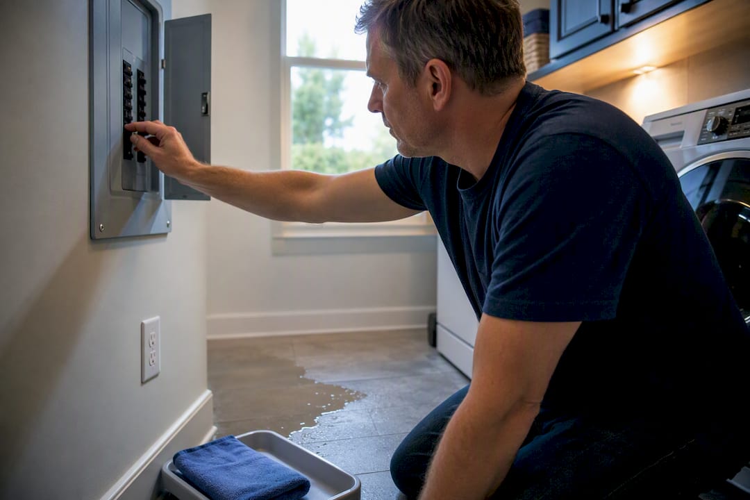 Hand turning off breaker near water spill