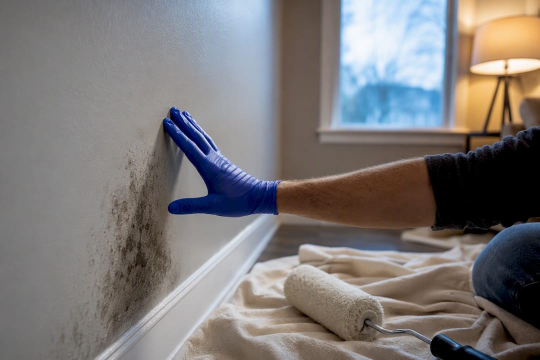 Mold-stained wall beside fresh paint tools