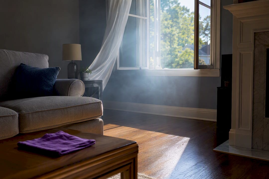 Open window ventilating smoke affected living room