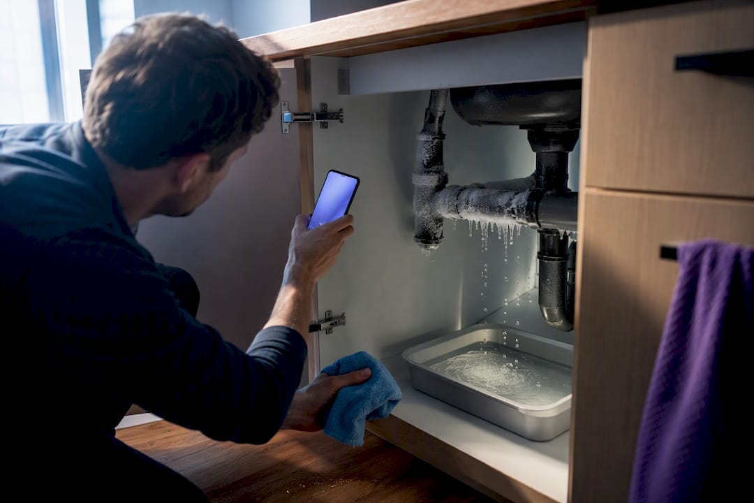 Homeowner documenting a frozen pipe leak