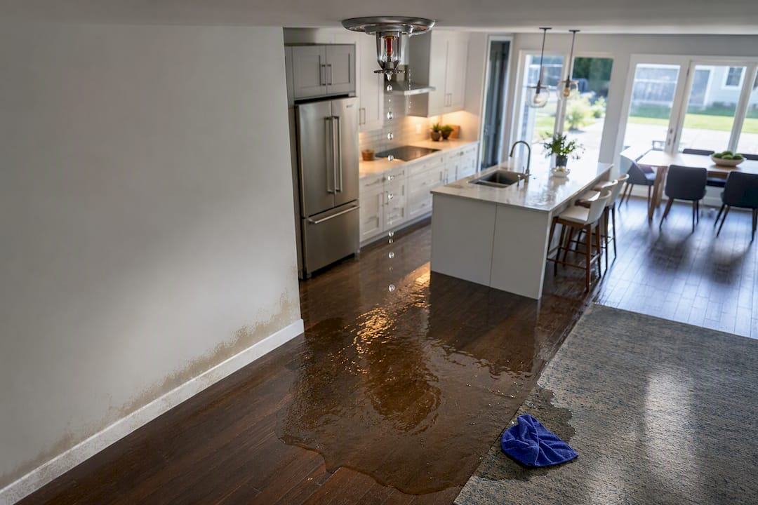 Sprinkler water pooling on kitchen floor