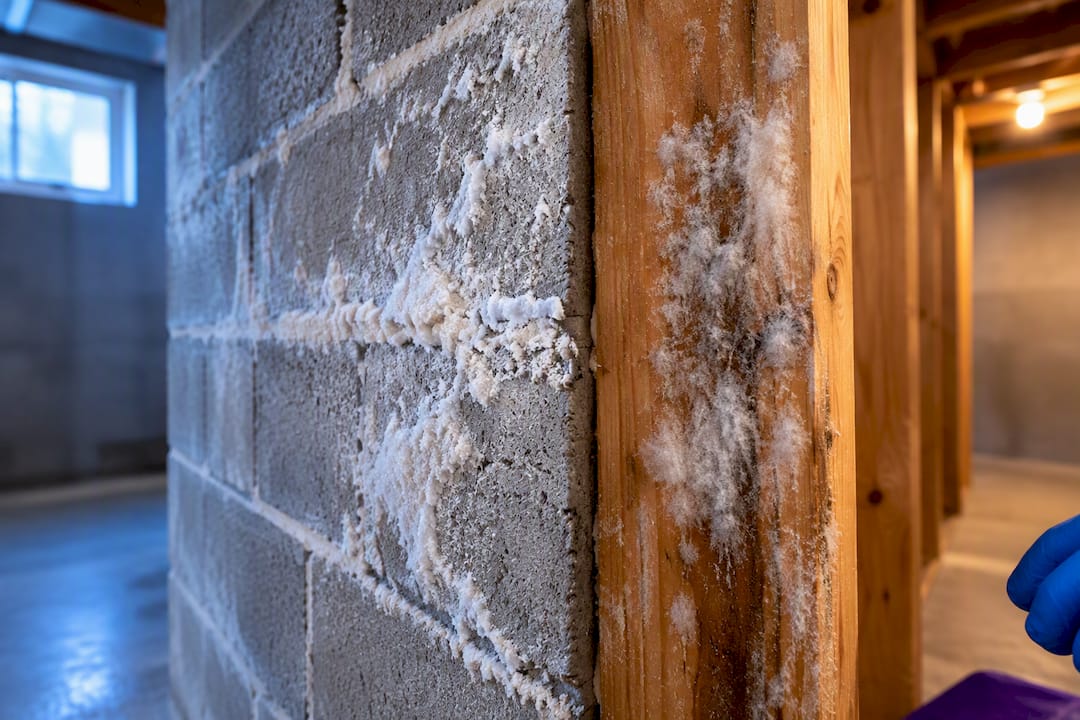 White mold and efflorescence on basement materials