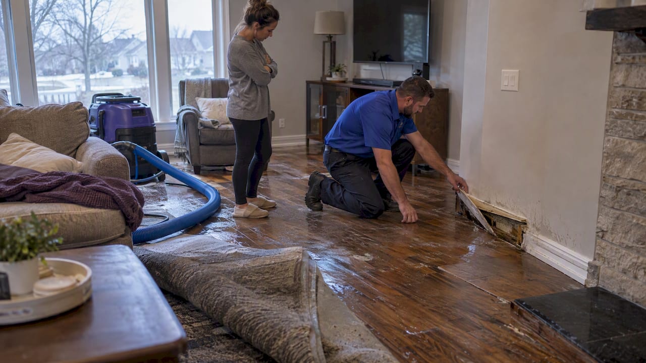 Technician assessing water damage in a home