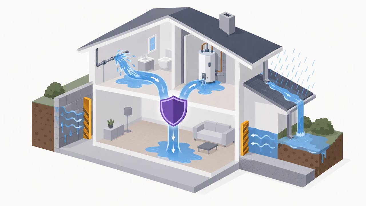 Illustration of covered and excluded water damage sources