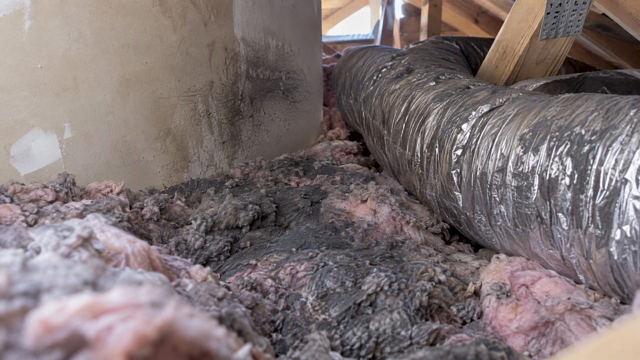 Soot residue on attic insulation and drywall