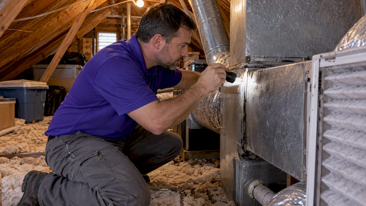 Technician inspecting attic HVAC ductwork