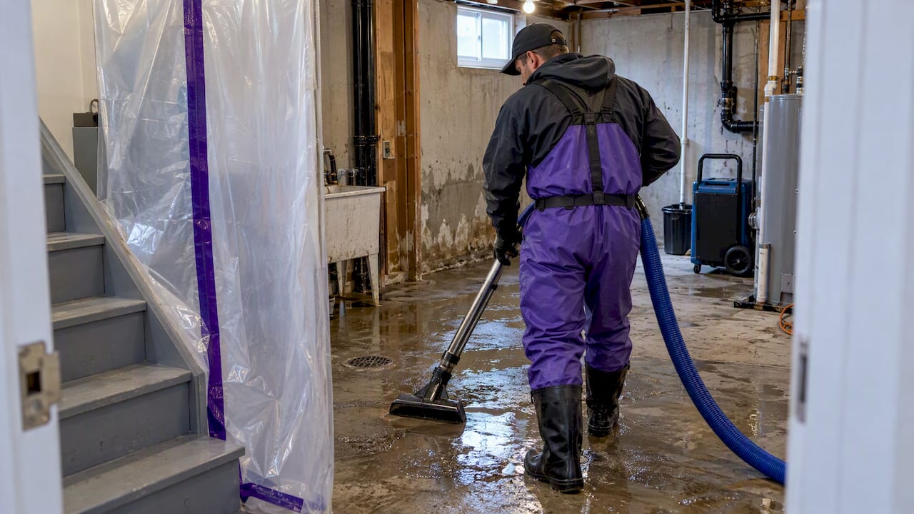 Technician extracting contaminated basement water