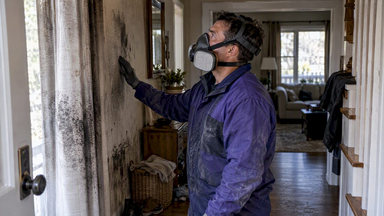 Technician inspects soot-stained home interior