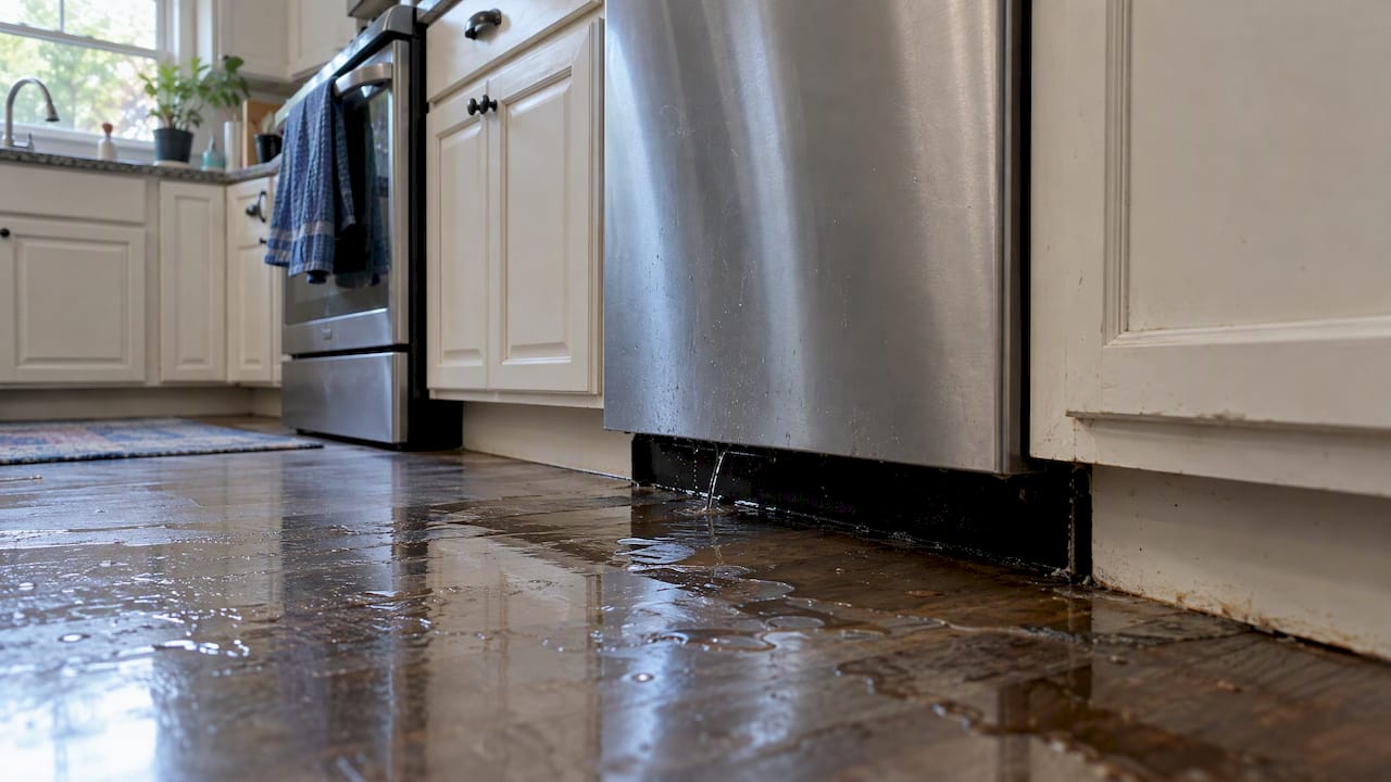 Water pooling beneath a leaking dishwasher
