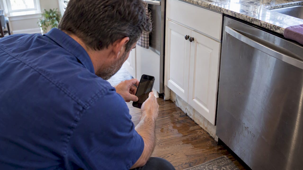 Homeowner photographing water beside dishwasher