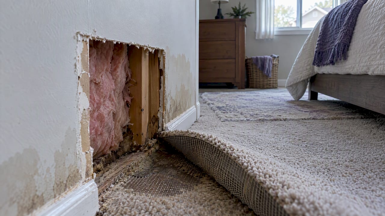 Wet carpet, drywall, and exposed insulation