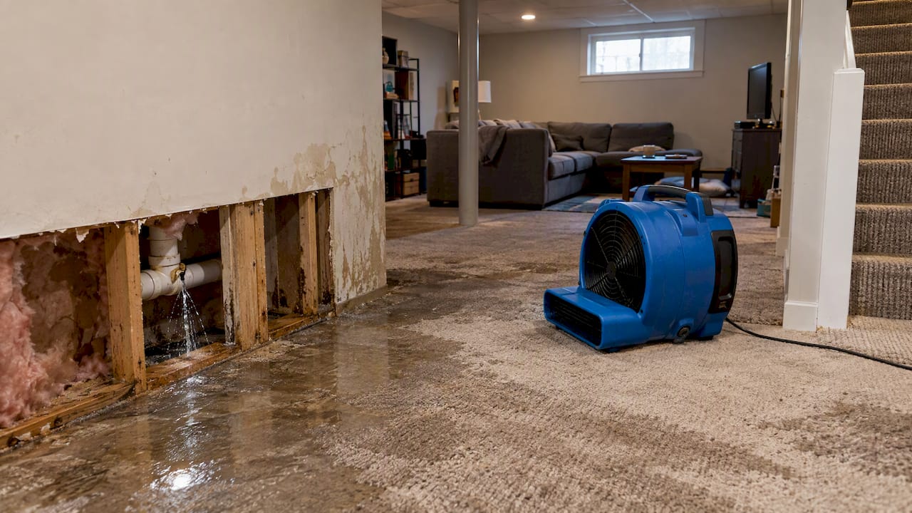 Burst pipe damage in a finished basement